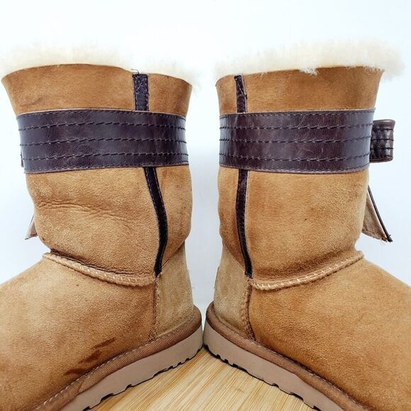 UGG Josette Boots Womens 5 Chestnut Brown Suede Shearling Bow Trim - Picture 7 of 14